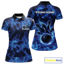 Load image into Gallery viewer, Front and back womens blue bowling polo featuring a bowling ball surrounded by flame-inspired artwork.