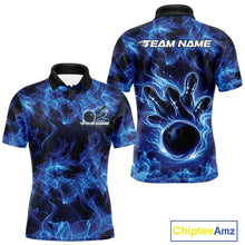 Load image into Gallery viewer, Front and back mens blue bowling polo featuring a bowling ball surrounded by blazing flame artwork.