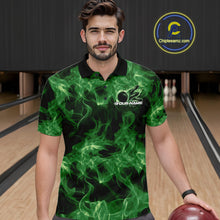 Load image into Gallery viewer, Male model in a bowling center wearing a green bowling polo with flaming bowling ball artwork.