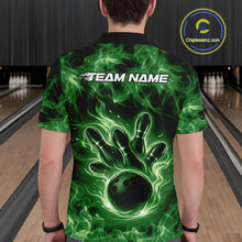 Load image into Gallery viewer, Back view of a green mens bowling polo displaying a bowling ball encircled by flames.
