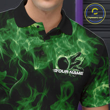 Load image into Gallery viewer, Left chest close-up of a green bowling polo featuring a bowling ball surrounded by fiery accents.