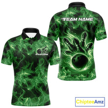 Load image into Gallery viewer, Front and back mens green bowling polo featuring a bowling ball surrounded by intense flame graphics.