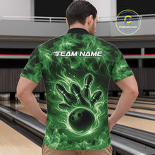 Load image into Gallery viewer, Front view of a green mens quarter-zip showcasing a bowling ball surrounded by dramatic flames.