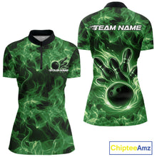 Load image into Gallery viewer, Front and back womens green bowling quarter-zip featuring a bowling ball surrounded by dramatic flame accents.