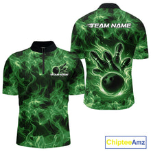 Load image into Gallery viewer, Front and back mens green bowling quarter-zip featuring a bowling ball surrounded by fiery artwork.
