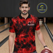 Load image into Gallery viewer, Male model wearing a red bowling polo at the bowling alley with blazing bowling ball artwork.