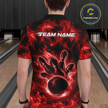 Load image into Gallery viewer, Back view of a red mens bowling polo showcasing a bowling ball surrounded by flames.