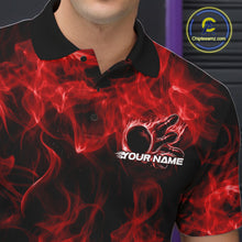 Load image into Gallery viewer, Close-up left chest detail of a red bowling polo featuring a fiery bowling ball motif.