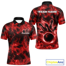 Load image into Gallery viewer, Front and back mens red bowling polo featuring a bowling ball surrounded by bold flame accents.