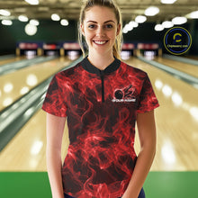 Load image into Gallery viewer, Female model in a bowling center wearing a red quarter-zip with fiery bowling ball graphics.