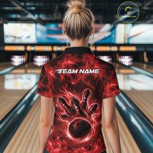 Load image into Gallery viewer, Back view of a red bowling quarter-zip showcasing a bowling ball surrounded by blazing flames.