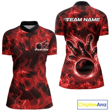 Load image into Gallery viewer, Front and back womens red bowling quarter-zip featuring a bowling ball encircled by bold flame artwork.