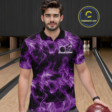 Load image into Gallery viewer, Male model wearing a purple bowling polo in a bowling lane with fiery bowling ball graphics.