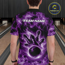 Load image into Gallery viewer, Back view of a purple mens bowling polo displaying a bowling ball encircled by dramatic flames.