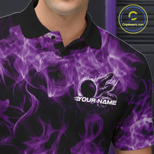 Load image into Gallery viewer, Left chest close-up of a purple bowling polo featuring a flaming bowling ball graphic.