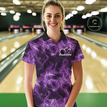 Load image into Gallery viewer, Female model wearing a purple bowling polo in a bowling lane with a bowling ball encircled by flames.