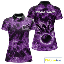 Load image into Gallery viewer, Front and back womens purple bowling polo featuring a bowling ball surrounded by flame artwork.