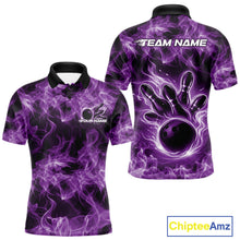 Load image into Gallery viewer, Front and back mens purple bowling polo featuring a bowling ball surrounded by blazing flame artwork.