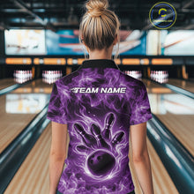 Load image into Gallery viewer, Back view of a purple bowling quarter-zip displaying a bowling ball surrounded by dynamic flames.