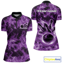 Load image into Gallery viewer, Front and back womens purple bowling quarter-zip featuring a bowling ball surrounded by blazing flame artwork.