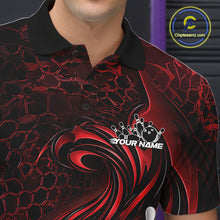 Load image into Gallery viewer, Close-up of the left chest on a black and red bowling polo shirt featuring a tribal flame bowling ball and pins graphic