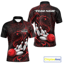 Load image into Gallery viewer, Front and back view of a black and red mens bowling polo shirt featuring a tribal flame bowling ball and pins graphic
