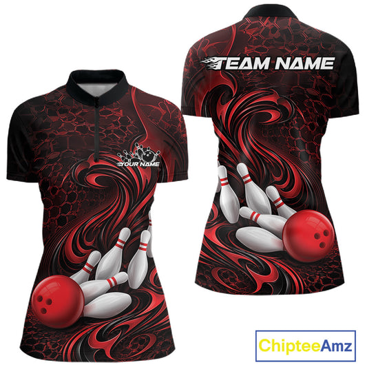 Front and back view of a black and red womens bowling quarter-zip shirt featuring a tribal flame bowling ball and pins graphic
