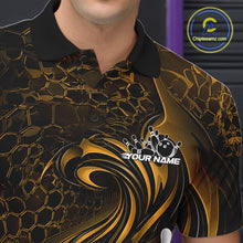 Load image into Gallery viewer, Close-up of the left chest on a black and yellow bowling polo shirt featuring a tribal flame bowling ball and pins graphic