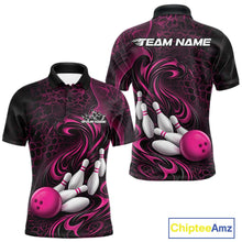 Load image into Gallery viewer, Front and back view of a black and pink mens bowling polo shirt featuring a tribal flame bowling ball and pins graphic