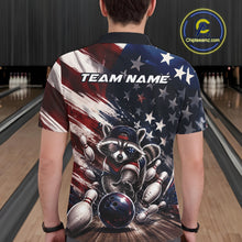 Load image into Gallery viewer, Back view of a male model at a bowling lane wearing a bowling polo shirt with artwork of a raccoon in patriotic sunglasses rolling a bowling ball through scattered pins and a distressed American flag backdrop.