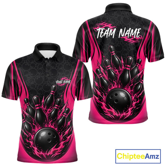 Custom Black And Pink Fire Flame Bowling Jerseys, Bowling Men Polo Shirts IPHW11685
