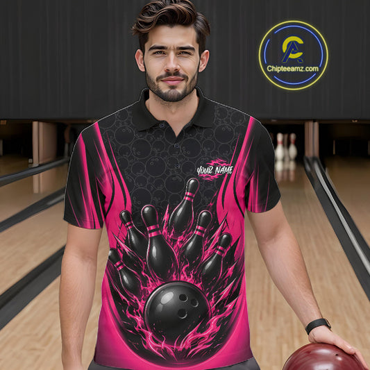 Custom Black And Pink Fire Flame Bowling Jerseys, Bowling Men Polo Shirts IPHW11685