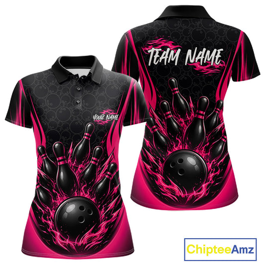 Custom Black And Pink Fire Flame Bowling Jerseys, Bowling Women Polo Shirts IPHW11685