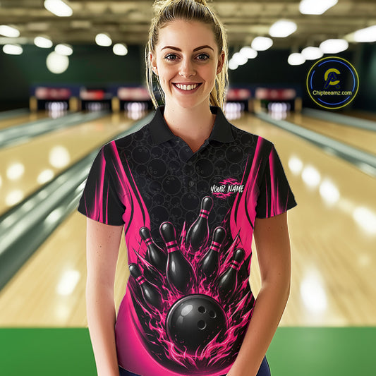 Custom Black And Pink Fire Flame Bowling Jerseys, Bowling Women Polo Shirts IPHW11685