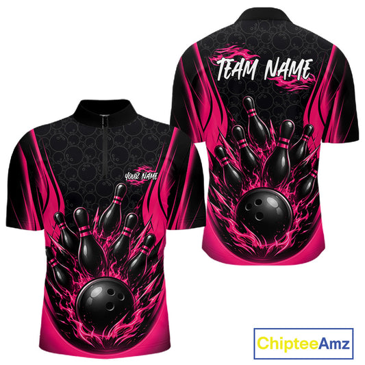 Custom Black And Pink Fire Flame Bowling Jerseys, Bowling Men Quarter Zip Shirts IPHW11685