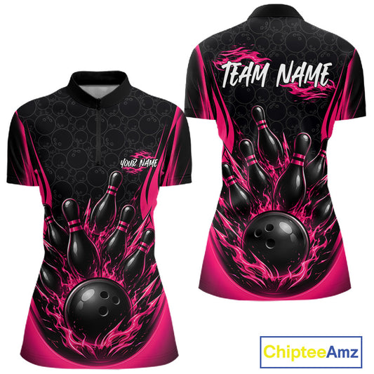Custom Black And Pink Fire Flame Bowling Jerseys, Bowling Women Quarter-Zip Shirts IPHW11685