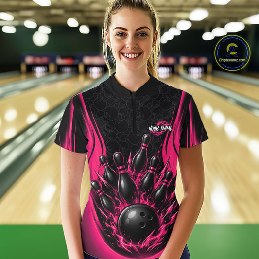 Custom Black And Pink Fire Flame Bowling Jerseys, Bowling Women Quarter-Zip Shirts IPHW11685