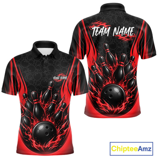 Custom Black And Red Fire Flame Bowling Jerseys, Bowling Men Polo Shirts IPHW11686
