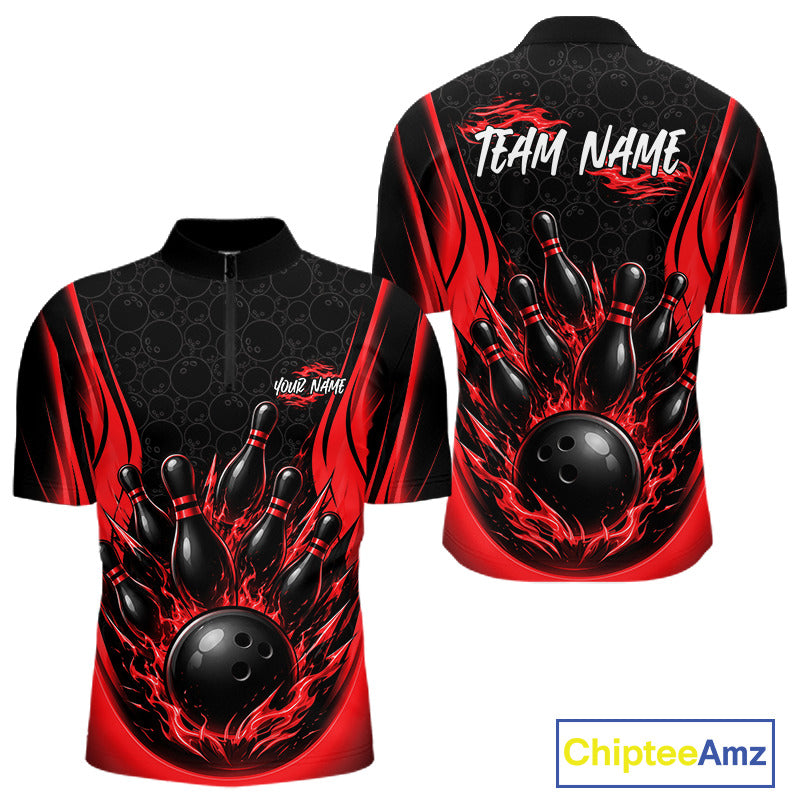 Custom Black And Red Fire Flame Bowling Jerseys, Bowling Men Quarter Zip Shirts IPHW11686