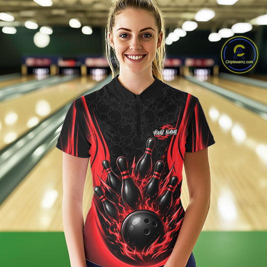 Custom Black And Red Fire Flame Bowling Jerseys, Bowling Women Quarter-Zip Shirts IPHW11686
