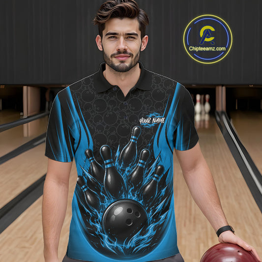 Custom Black And Blue Fire Flame Bowling Jerseys, Bowling Men Polo Shirts IPHW11687