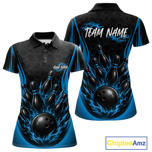 Custom Black And Blue Fire Flame Bowling Jerseys, Bowling Women Polo Shirts IPHW11687