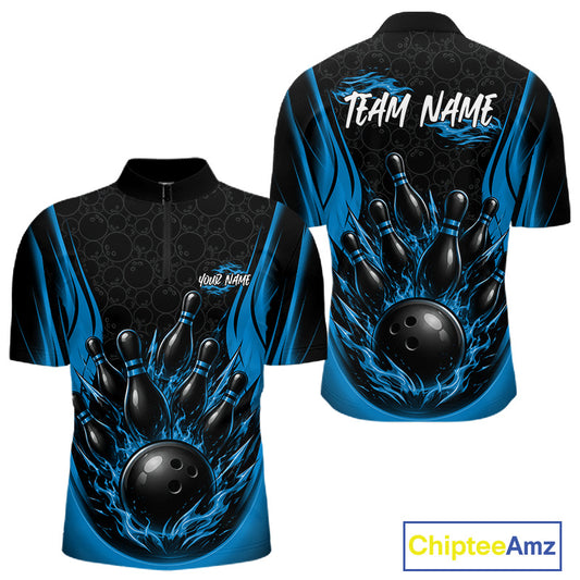 Custom Black And Blue Fire Flame Bowling Jerseys, Bowling Men Quarter Zip Shirts IPHW11687
