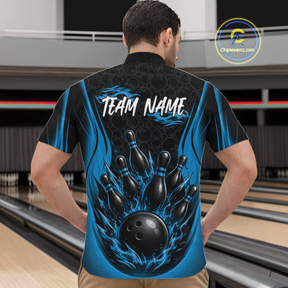 Custom Black And Blue Fire Flame Bowling Jerseys, Bowling Men Quarter Zip Shirts IPHW11687