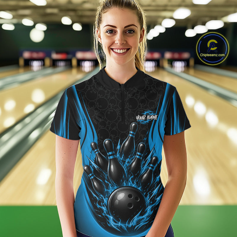 Custom Black And Blue Fire Flame Bowling Jerseys, Bowling Women Quarter-Zip Shirts IPHW11687