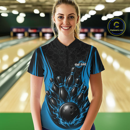 Custom Black And Blue Fire Flame Bowling Jerseys, Bowling Women Quarter-Zip Shirts IPHW11687