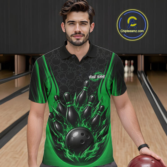 Custom Black And Green Fire Flame Bowling Jerseys, Bowling Men Polo Shirts IPHW11688