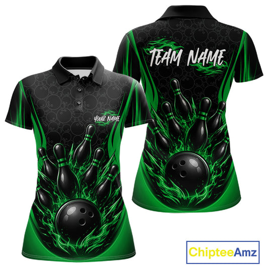 Custom Black And Green Fire Flame Bowling Jerseys, Bowling Women Polo Shirts IPHW11688