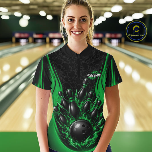 Custom Black And Green Fire Flame Bowling Jerseys, Bowling Women Quarter-Zip Shirts IPHW11688