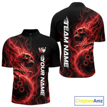 Load image into Gallery viewer, Front and back view of a men's bowling quarter-zip shirt mockup featuring a fiery red skull clutching a bowling ball surrounded by swirling energy flames on a black shirt